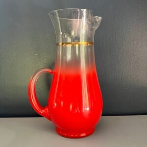 Vintage MCM Cherry Red Blendo Glass Pitcher, 9” tall